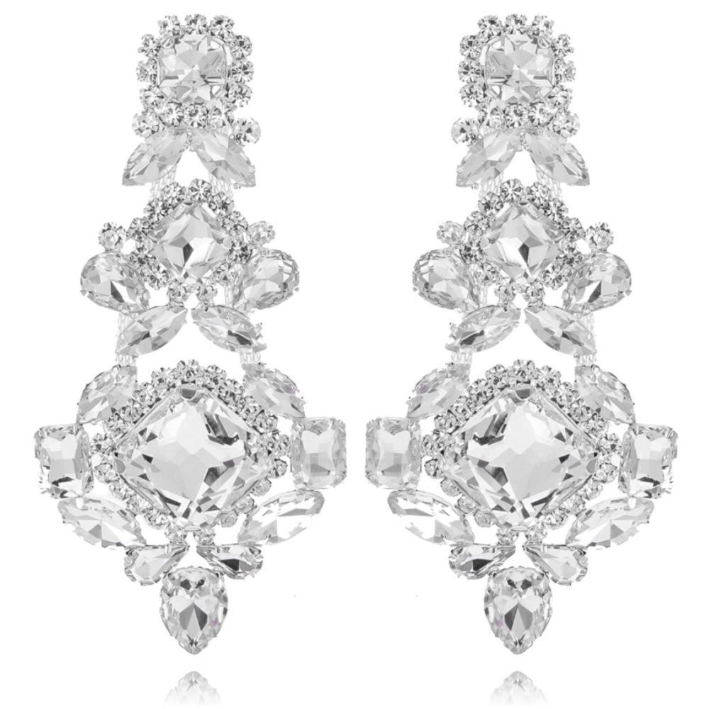 Silver with White Diamond Austrian Crystal 3 Tiered Chandelier Clip On Earrings